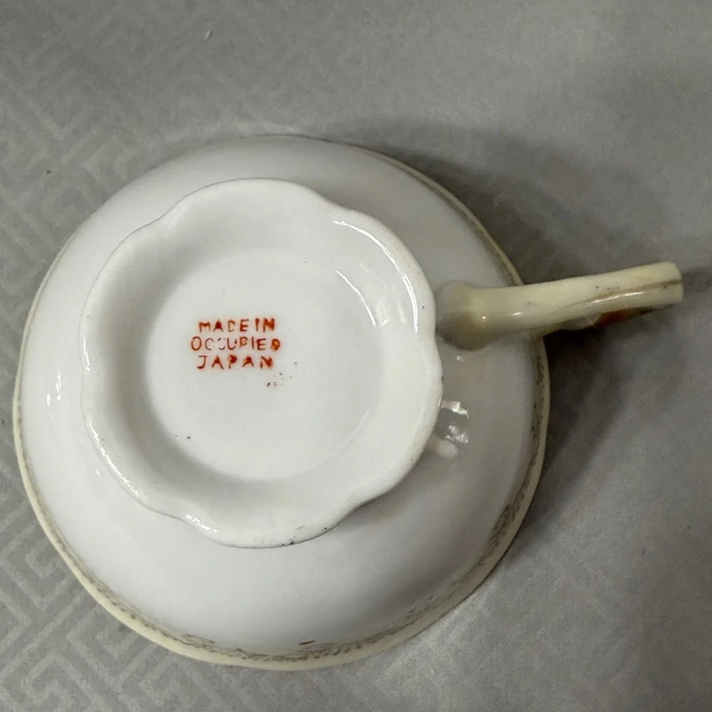 Vintage Handpainted Floral Teacup & Saucer  Porcelain Gold Detail Occupied Japan